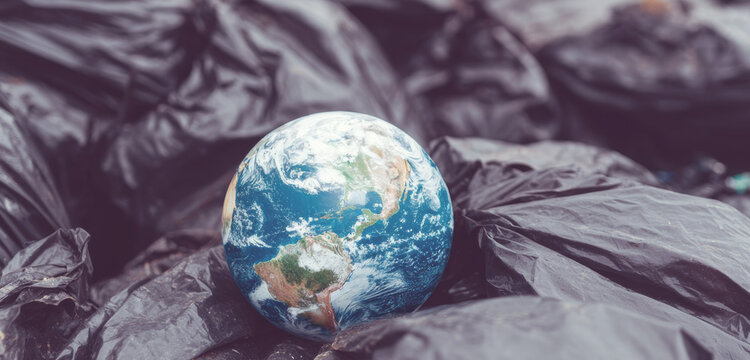 Earth globe sitting on a pile of black garbage bags, depicting environmental pollution and the global waste crisis