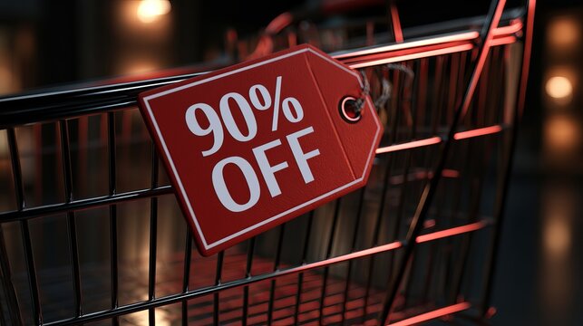 Bold red discount tag displaying ninety percent off inside an empty shopping cart, representing sales and consumerism