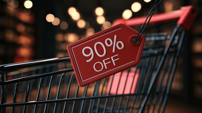 Bright red sale tag displaying ninety percent discount hanging from a shopping cart, symbolizing promotional retail savings