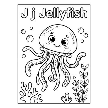 Cute Jellyfish Illustration: A simple black and white illustration of a smiling jellyfish, surrounded by bubbles and underwater plants, perfect for children's learning and coloring activities.