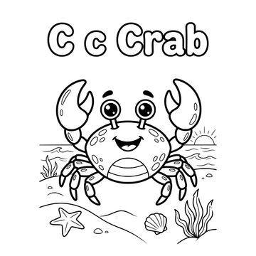 Alphabet C for Crab: A cheerful, cartoon crab with big eyes and claws raised stands on a sandy beach, with a starfish and seashell nearby, beneath a rising sun.