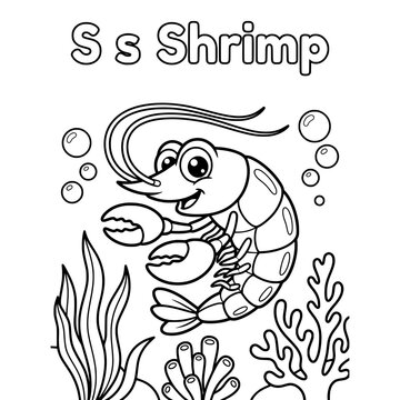 Shrimp Letter S Coloring Page: A playful cartoon shrimp floats underwater surrounded by bubbles and coral, perfect for a children's alphabet coloring activity.