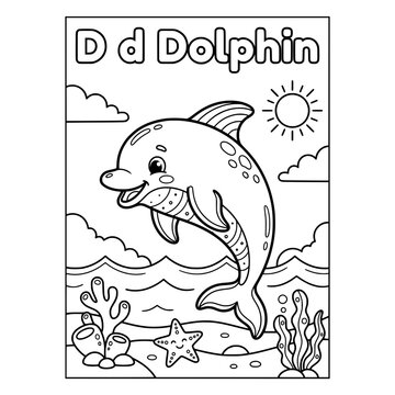 Dolphin for kids: A cute dolphin illustration for children, with the letter 'D' and the word 'Dolphin' printed above, set against a sunny underwater backdrop with coral and starfish.