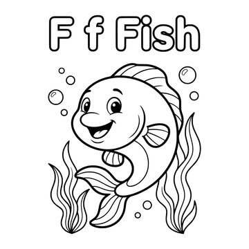 F is for Fish: A charming, smiling cartoon fish illustration, perfect for early learning and alphabet activities. Accompanied by bubbles and aquatic plants, it's a fun visual for children to color.