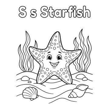 S is for Starfish Coloring Page: A smiling starfish with a cheerful expression sits among seaweed and shells on the ocean floor, ready to be colored in.