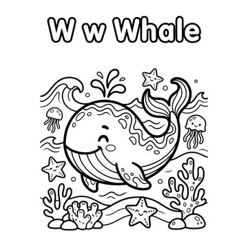 Whale Alphabet Coloring Page: A charming illustration for children featuring the letter W and a happy whale surrounded by marine life, perfect for early learning and creative fun.
