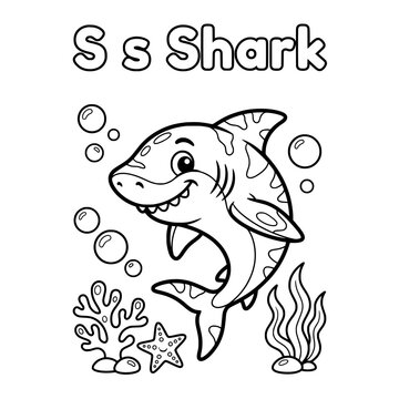 S is for Shark Coloring Page: A playful shark, accompanied by sea plants, a starfish, and bubbles, awaits coloring. Perfect for children learning their alphabet and marine life.