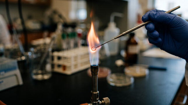Scientist using Bunsen burner flame to sterilize inoculation loop in microbiology laboratory