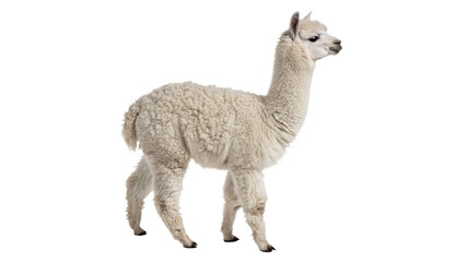 Small fluffy white alpaca llama animal standing side profile view, isolated on transparent background. © Christopher