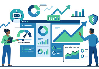 Fototapeta premium Business analytics and data visualization with AI robot, charts, graphs, and people