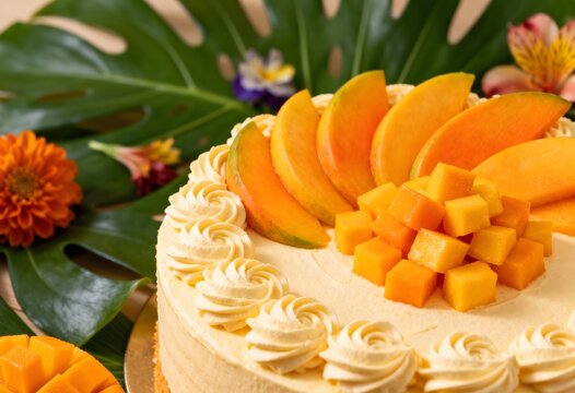 Fresh mango cream cake topped with fruit slices tropical delicious homemade celebration