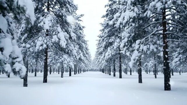Rows of snow covered pine trees in a winter landscape with white ground and a gentle snowfall