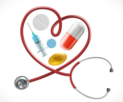 Medical stethoscope with a heart shape. Vaccine syringe, vitamins, and pills inside a heart shape. Icon isolated on white background. Vector illustration.