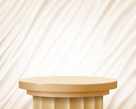 Antique column or pedestal. Blank template against a backdrop of wrinkled, crumpled fabric. Vector mockup.