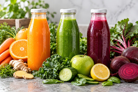 Juice in glasses made with fresh fruits and vegetables.