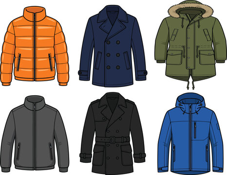 Winter jacket collection vector set, mens outerwear fashion icons, assorted puffer coats and wool trench coats, 6 technical apparel flat sketches