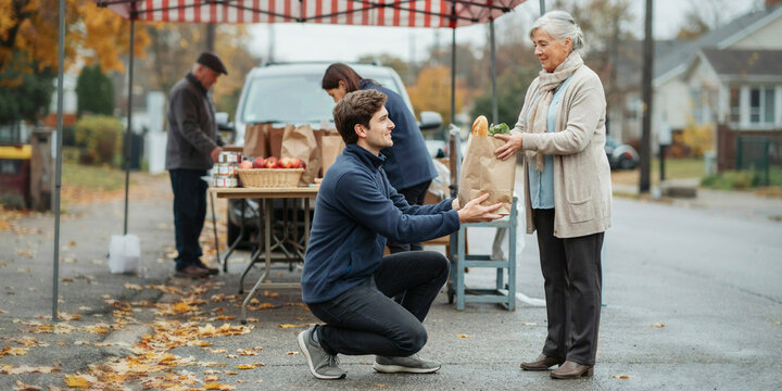 A young man kneels, offering a bag of groceries to an elderly woman. In the background, volunteers pack more items near a vehicle under a tent, with fallen leaves scattered on the ground
