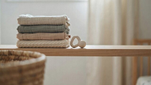 Stack of folded baby muslin cloths and a teether on a shelf