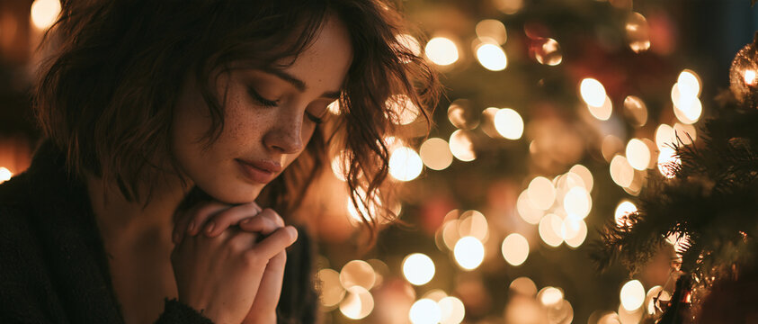 A serene woman with her hands clasped in prayer, eyes closed in contemplation, surrounded by the soft glow of Christmas lights