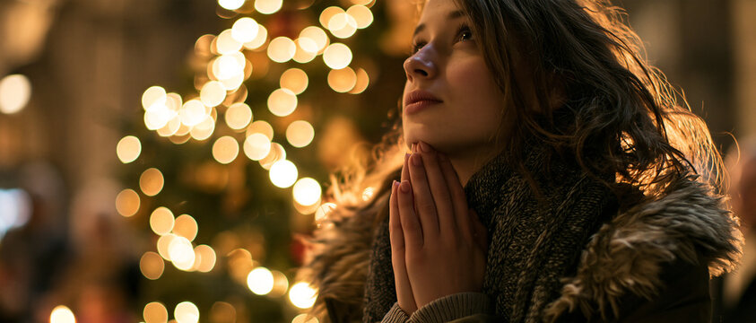 A young girl with her hands clasped in prayer, looking upwards with a hopeful expression. She is surrounded by the warm glow of Christmas lights and a decorated Christmas tree.