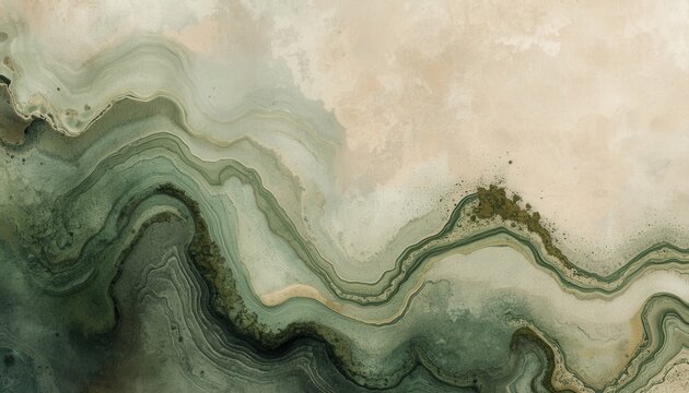 Abstract Mineral Veins: A captivating abstract composition featuring organic, flowing veins of green and beige mineral patterns, resembling polished agate or marble.