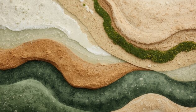 Abstract Earth Layers: A textured abstract artwork evoking the stratified layers of earth, featuring organic curves and a blend of earthy tones with vibrant green moss.