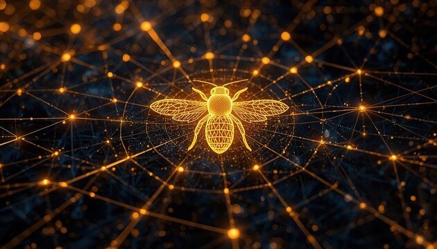 Digital Bee Network: An illuminated, abstract bee symbol at the center of a glowing, interconnected network of lines and nodes, symbolizing data, connection, and digital intelligence.