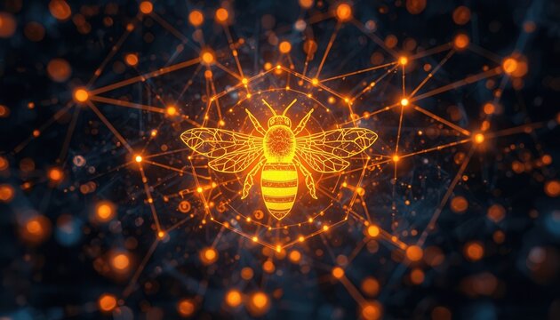 Digital Bee Network: An illuminated bee emblem is intricately connected within a glowing digital network, symbolizing innovation and data flow in a modern technological landscape.