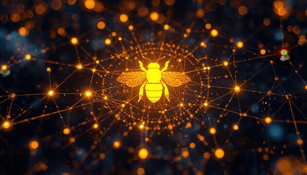 The Swarm Intelligence Network: A luminous digital bee at the center of a complex, glowing network of nodes and connections, symbolizing intelligence, connectivity.