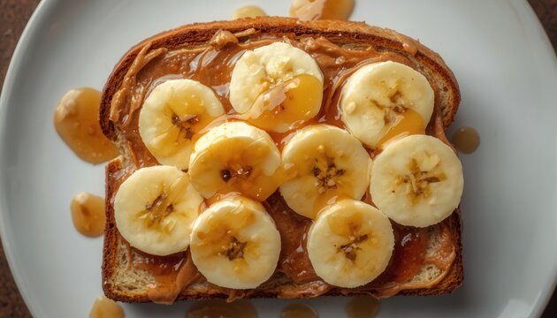 Peanut Butter Banana Toast: A delicious slice of toast spread generously with creamy peanut butter, topped with sweet banana slices and a drizzle of honey, served on a white plate.