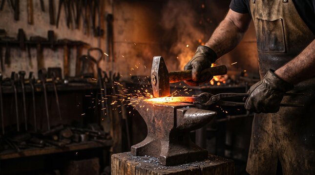 Blacksmith Hands Hammering Glowing Orange Metal Anvil Sparks Flying Dark Workshop Hanging Tools Traditional Craft Metalwork