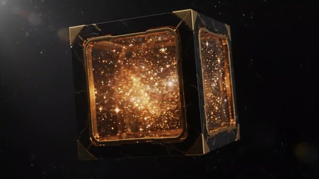 Glowing golden magic cube with sparkling energy particles