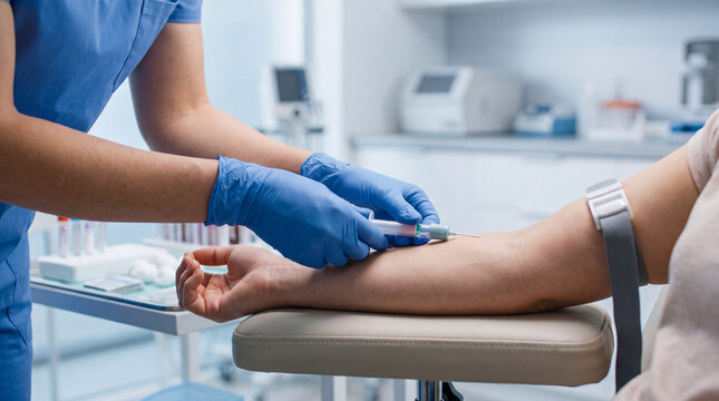 Close-up of medical professional taking a blood sample from patient arm in laboratory