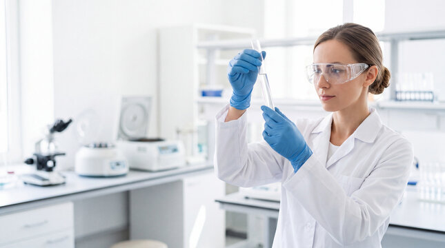 Female scientist in white coat and safety glasses looking at liquid in test tube in laboratory