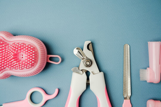 Pink pet grooming tools including clippers, brush, file, and finger toothbrush on blue backdrop.