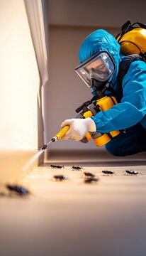 Professional pest control worker disinfecting and spraying insects in a sterile empty home room.