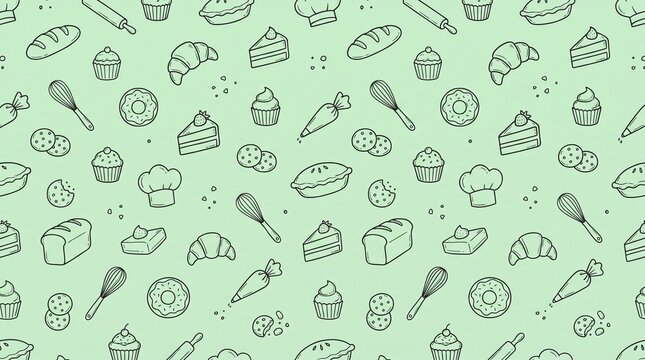 Seamless pattern with hand drawn bakery and pastry doodles on pastel green background featuring cake croissant donut bread pie and baking tools