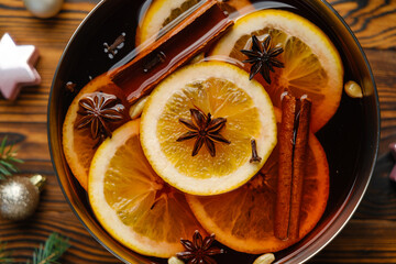 Mulled cider with orange slices, cinnamon sticks, and star anise © reddish