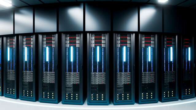 Row of server racks in modern data center room