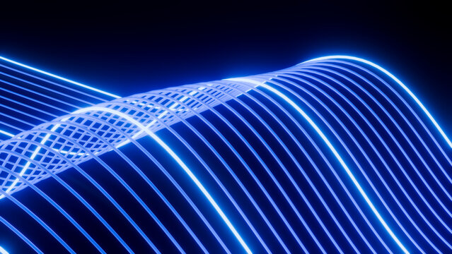 Blue neon curved lines wave abstract digital illustration