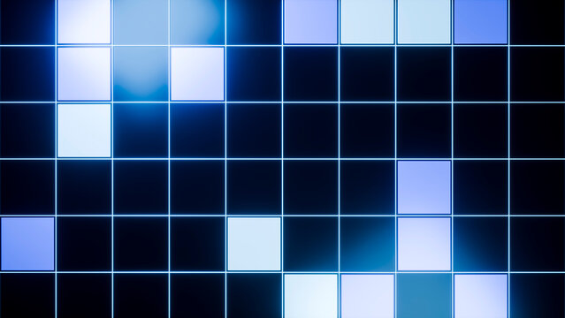 Abstract digital glowing grid with blue squares and geometric pattern