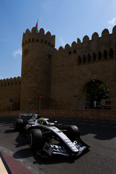 BAKU, AZERBAIJAN - SEPTEMBER 2026: Cadillac F1 Team race car navigates the narrow Old City castle section during the Azerbaijan Grand Prix