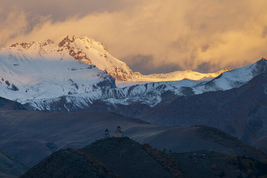 Gergeti trinity church at Dawn in stepantsminda, Georgia