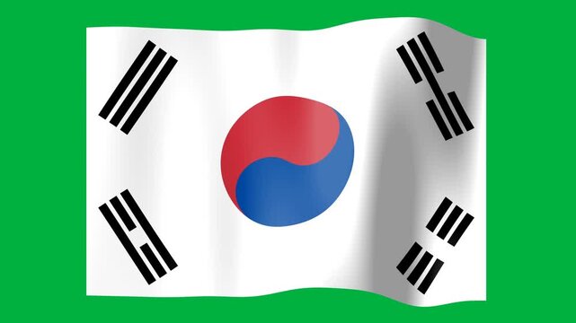 South Korean Flag Waving Smoothly Against a Solid Green Chroma Key Background Displaying the Central Red and Blue Taegeuk Symbol and Four Black Trigrams in the Corners for Visual Compositing