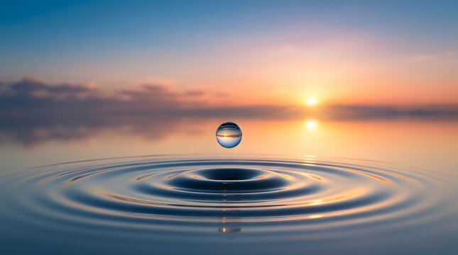 Serene water droplet creating ripples at sunrise over calm sea