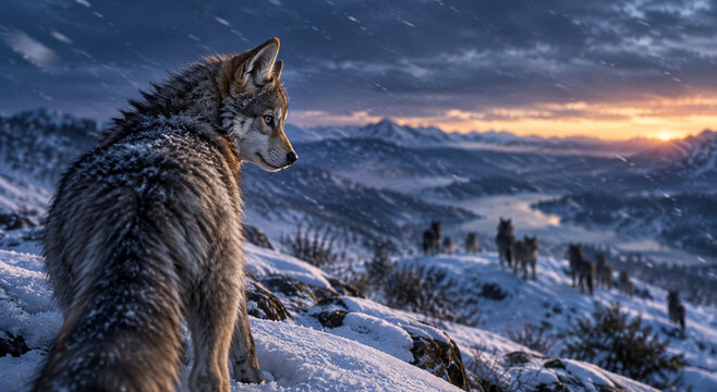 Wolf looking back at a pack in a snowy mountain landscape at sunset.