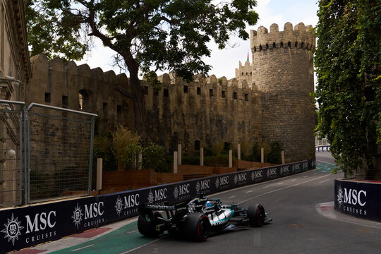 BAKU, AZERBAIJAN - SEPTEMBER 2026: Mercedes-AMG PETRONAS F1 Team car navigates the narrow Old City castle section during the Azerbaijan Grand Prix
