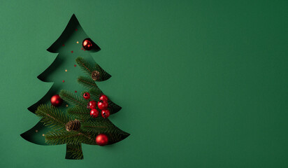 Minimal Christmas tree cutout with pine branches, red ornaments and New Year greeting on wide banner template space for text and greetings © ActionGP