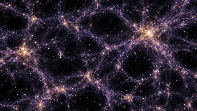 Abstract violet cosmic web and golden galaxy clusters in deep space