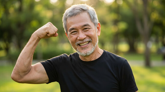 Happy senior man flexing muscles in outdoor park setting